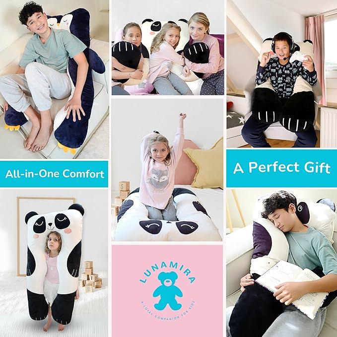 LUNAMIRA Panda Kids Body Pillow - 47" U-Shape Long Plush Soft Animal Pillow for Kids, Sleeping, Reading, ADHD & Special Needs Comfort, Anxiety, Washable Cover, Snuggle Fun Cuddle Gift for Boys & Girls