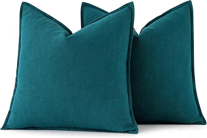 MIULEE Decorative Linen Pillow Covers 20x20 Inch Teal Blue | Boho Farmhouse Neutral Couch Throw Pillows for Bed, Pack of 2 Accent Modern Pillowcases, Sofa Livingroom Home Decor