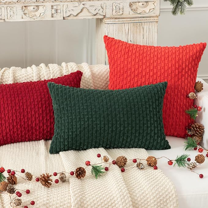 Kevin Textile Soft Corduroy 12"x24" Lumbar Pillow Cover 1 Pack, Army Green | Boho Stripe Plush Corduroy Decorative Oblong Cushion Cover Modern Farmhouse Home Decor for Sofa Couch Bed Chair