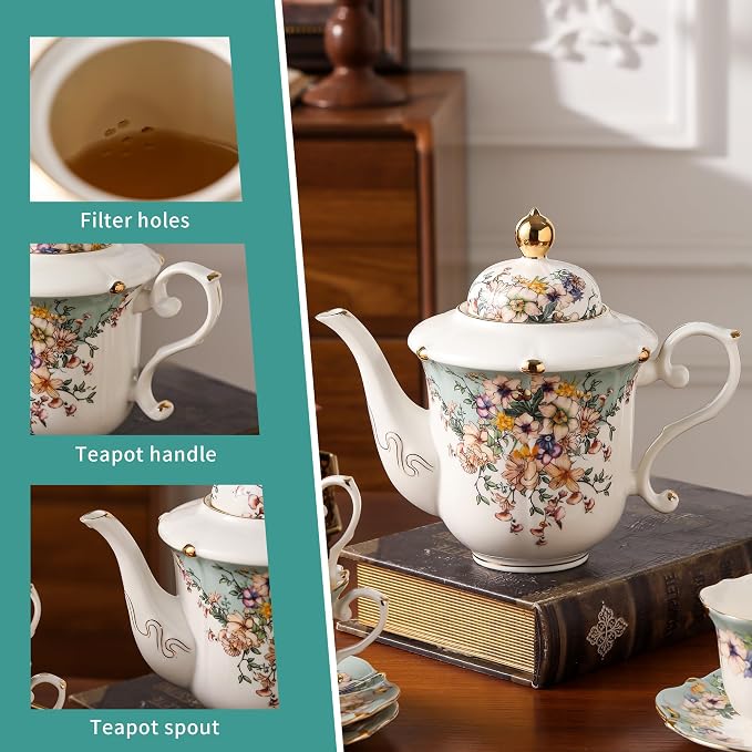 TATSUMI Country Roses Porcelain Tea Set, European Ceramic tea set for adults,Vintage Style, For Women and Tea Parties (Dutch Blue, 13 Pieces Set)