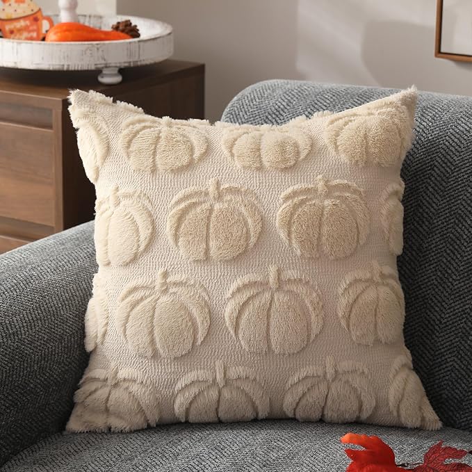 DFXSZ Fall Pillow Covers 16x16 2Pcs Beige Pumpkin Fall Decorations for Home | Fall decor Set of 2 Throw Pillow Cases Soft Plush Faux Fur Wool Couch Cushion for Chair Sofa Bedroom Living Room Home Decor