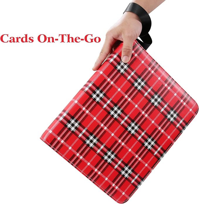 WOT I Trading Card Binder, 900 Pockets Baseball Card Binder Sleeves with Zipper, Double Sided Pockets Card Holder Carry Card Case for Baseball Card, Football Card, Scottish Style, Black+Red