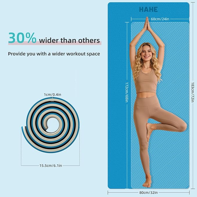 HAHE Wide Yoga Mat 72"x32"x0.4" Thick Pilates Mat with Carrying Strap