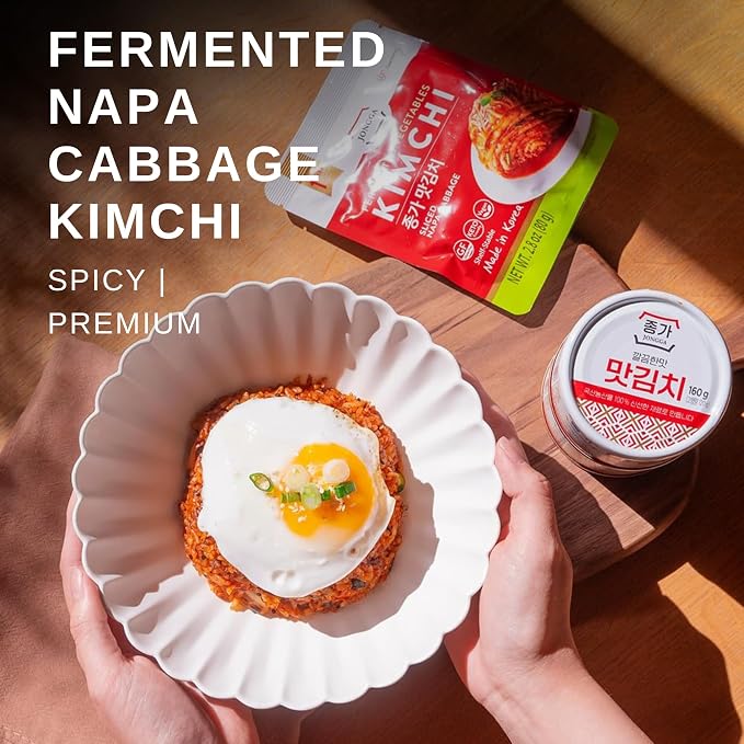 Spicy Premium Fermented Kimchi Napa Cabbage [ FUN SIZE Pouch Pack of 8] - [Original] – (Gluten Free / KETO / Vegan) | 0 Fat/ 0 Sugar/ 0 Cholesterol | Long Shelf Life | Perfect for Ramen & Stir-Fries - JONGGA