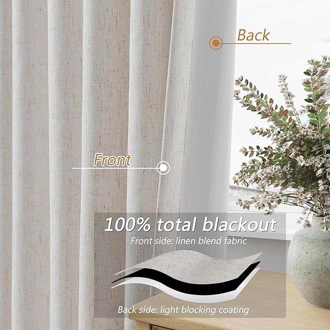 Guken Light Beige 100% Blackout Curtains 84 Inch Long 2 Panels Set for Living Room Bedroom Back Tab Room Darkening Winter Thermal Insulated Neutral Linen Drapes Window Curtain, 52x84