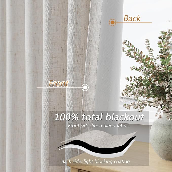 Guken 100% Black Out Light Beige Linen Curtains 90 Inch Long for Living Room Back Tab Rod Pocket Modern Farmhouse Thermal Insulated Drapes for Bedroom Black Out Window Curtain 2 Panels, 52x90