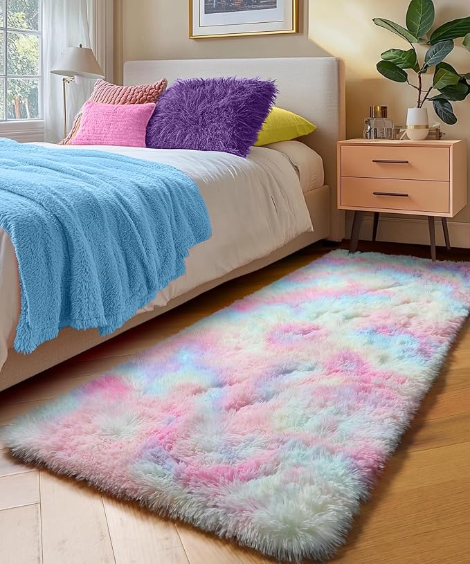 PAGISOFE Rainbow Runner Rugs for Girls Bedroom Plush Fluffy Hallway Rug 2x6 Ft,Kawaii Vibrant Carpet for Living Room, Non-Slip Indoor Princess Rugs for Nursery Kids Girls Room Home Decor Cute Colorful