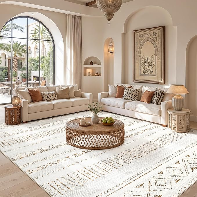 cotiled 9x12 Area Rugs Living Room Rug: Washable Boho Rugs with Non Slip Backing Large Soft Indoor Stain Resistant Carpet for Bedroom Farmhouse Dining Room Lightweight Home Decor L Brown/Cream