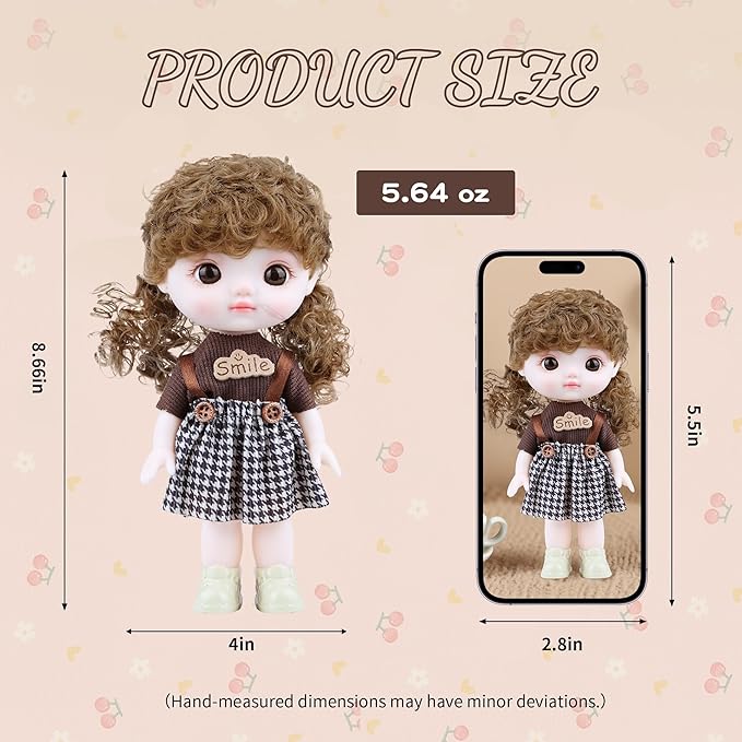 Kawaii Vinyl Dolls, Fashion Dolls Plush Toys for Girls with Strap Dress Double Ponytail Vinyl Face, Lovely Jointed Doll Fashional Stuffed Animals Gift for Birthday Christmas Collectible Toys 8.6 Inch