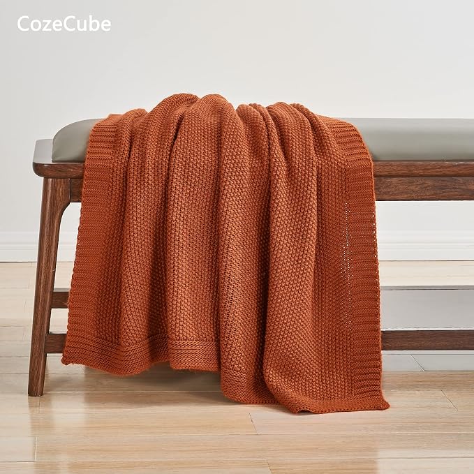 CozeCube Burnt Orange Seed Stitch Throw Blanket 50"x60", Farmhouse Decor | Blanket for Couch, Soft Cozy Cable Knit Throw for Bed Sofa Living Room, Lightweight Warm Decorative Christmas Blanket