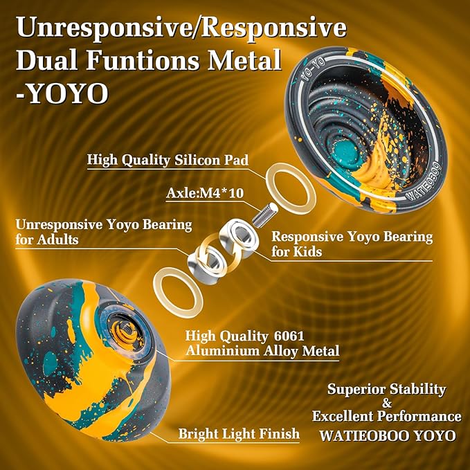 WATIEOBOO Responsive Metal Yoyo Professional yoyo, Professional Unresponsive Yo yo for Adults Pro Metal Trick Yo-yo with Yo Yos Bearing Kit 10 Strings, Case & Gloves - Black Blue Orange