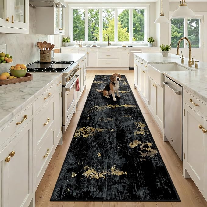 RELEANY Washable Area Rugs 2'6"x10 Non-Slip Modern Abstract Soft for Living Room Entryway Bedroom Kitchen, Print Pattern, Dark Black Gold