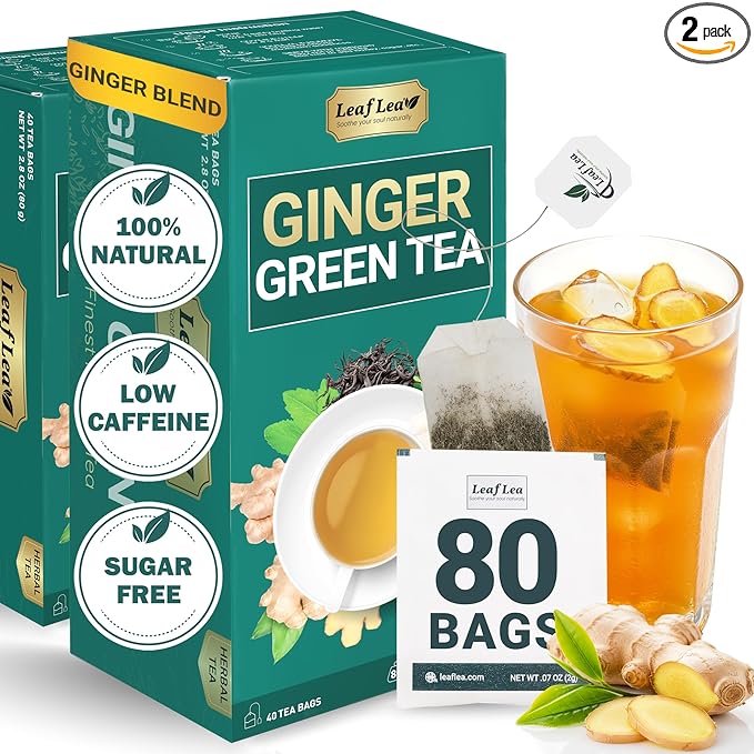 LeafLea Ginger Green Tea Bags, Digestion & Immune Support, 80 Count, 2-Pack | Real Ginger Root In A Smooth Green Tea Blend, Lightly Stevia-Sweetened, Vegan, Non-GMO, Low Caffeine