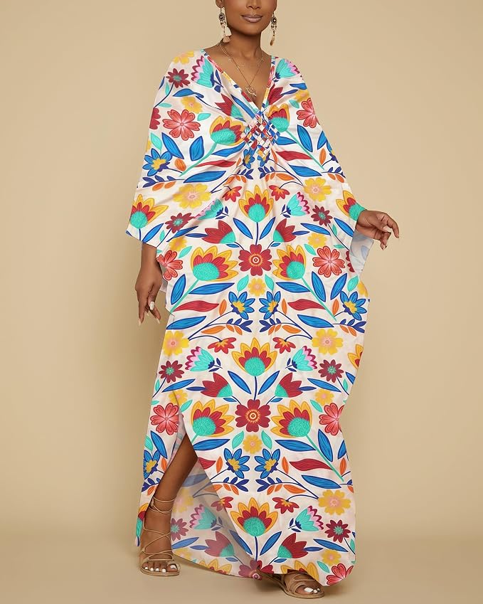 Bsubseach Kaftan Dresses for Women Floral Print Plus Size Beach Cover Up | Lightweight V Neck Loose Fit Boho Dress, Batwing Sleeve Side Slit, Moo Moos for Women Home Loungwear Cruise Resort Wear