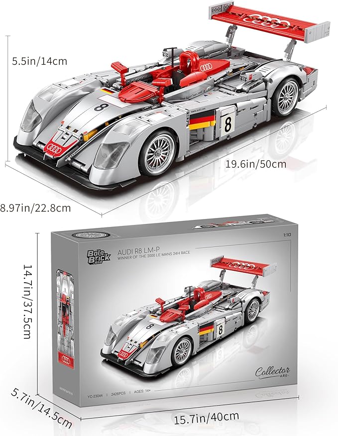 Audi R8 LM-P 24H Le Mans Winner, Collectible Race Car Building Kit for Adults Teens, 1:10 Scale Racing Techinc Car Model, Home or Office Décor Gift for Motorsport Fans Age 14+ (2,426 PCS)