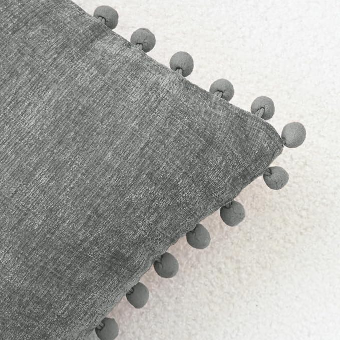CaliTime Decorative Couch Throw Pillow Covers 18 X 18 Inches Medium Grey | Pack of 2, Cozy Chenille Cushion Cases, with Pom Poms for Sofa Bed Living Room Farmhouse Home