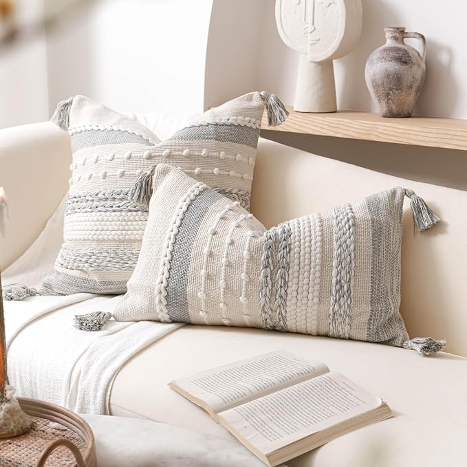 Gray Decorative Lumbar Pillow Cover 14x24, Grey Boho Long Body Pillow for Bed, Farmhouse Lumbar Throw Pillow for Couch, Modern Accent Textured Throw Pillowcase