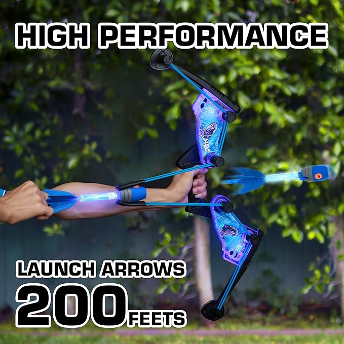 Zing HyperStrike FireTek Bow Archer Pack, Light Up Bow and Light Up Zonic Whistle Arrows, Shoots Arrows Over 200ft, Outdoor Play with Friends and Family, for Ages 14+ (Blue)