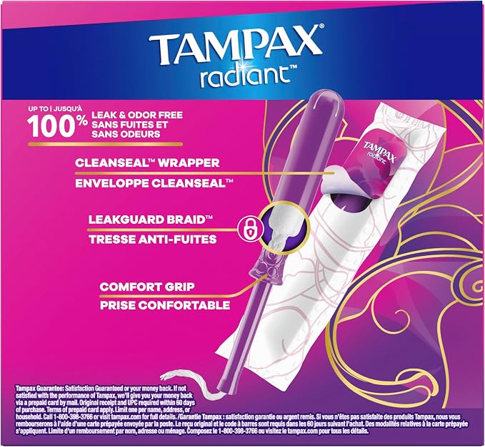 Tampax Radiant Tampons Multipack, with LeakGuard Braid, Light/Regular Absorbency, Unscented, 26 Count, Packaging May Vary