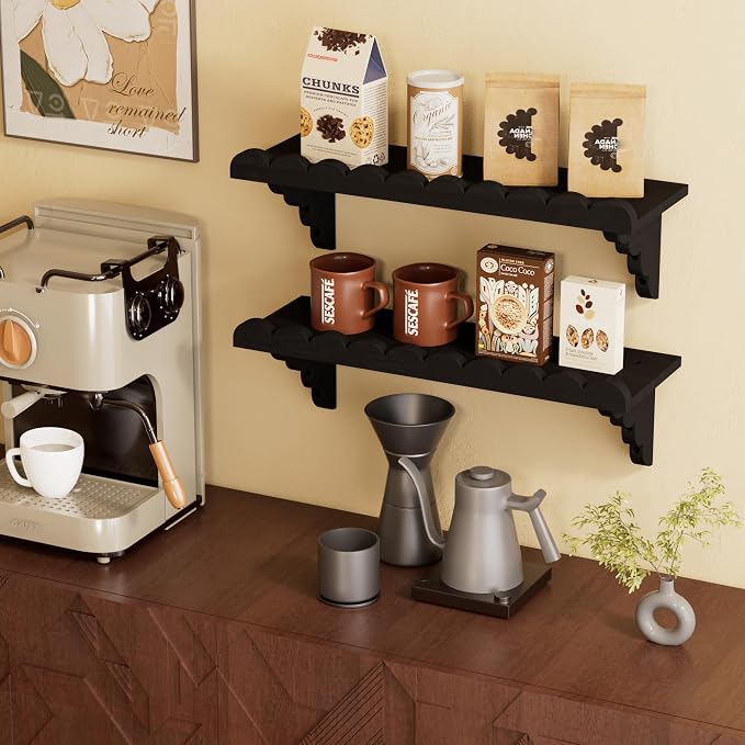 Scalloped Wood Wall Shelf – 17 Inch Floating Shelf with Wood Brackets, Easy to Install Rustic Wall Shelf for Living Room, Bedroom, Bathroom, or Any Space, Black Shelves