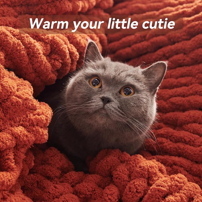Negwoo Chunky Knit Throw Blanket, Knitted Throw Chenille Yarn, 30"*40" | Soft Thick Cable Knitted Blankets, Handmade Big Thick Blanket, Machine Washable Cute Comfy Blanket for Home Decor, Orange