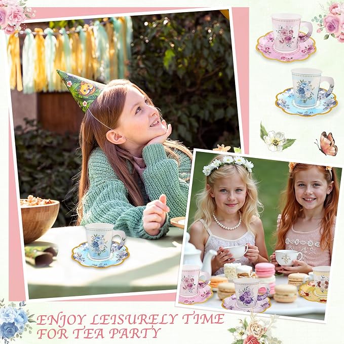 24 Sets Disposable Paper Tea Cups 7 OZ Floral Tea Party Cups with Handle and Plates Teacups and Saucer Sets for Garden Party Baby Bridal Shower Birthday(Watercolor Style)