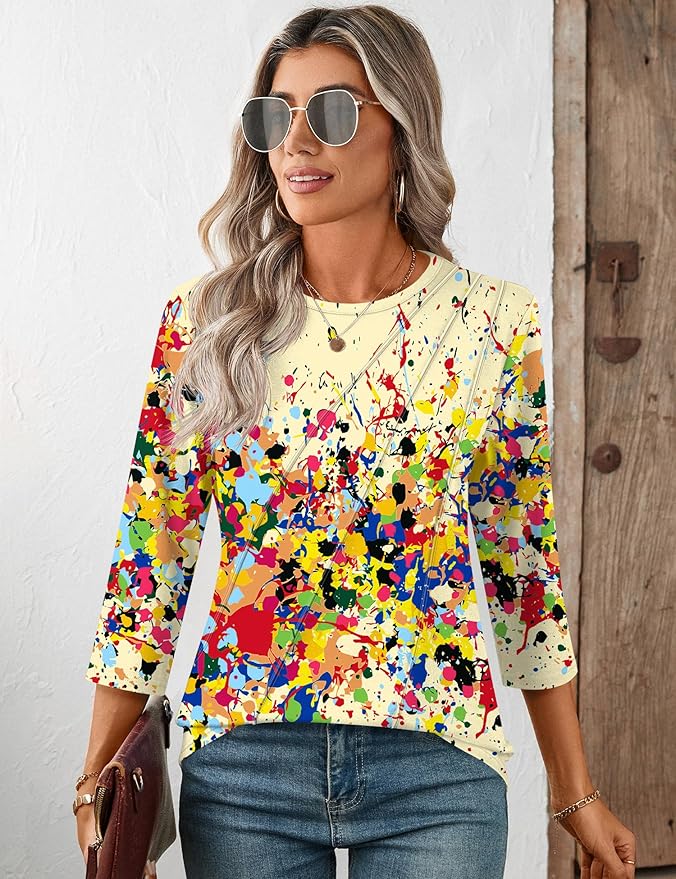 LOMON 3/4 Length Sleeve Womens Tops Spring Summer Fashion 2026 Tops Crew Neck Pleated Shirts Tunic Top Loose Fit