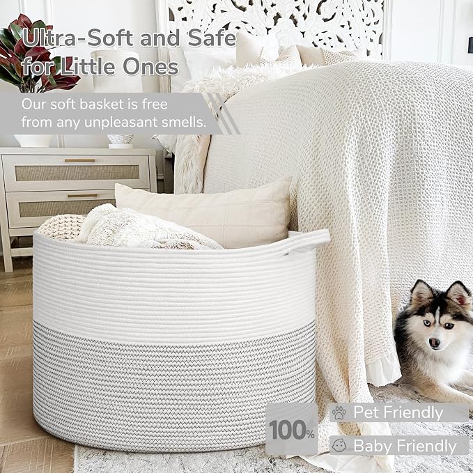 INDRESSME 115L Extra Large Woven Rope Blanket Basket Living Room, White | Storage baskets for organizing toys, laundry & pillows. Fits living room, bedroom or nursery décor. Soft-touch with handles