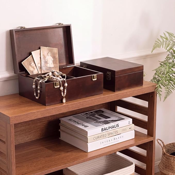 Sliner 2 Pcs Wooden Decorative Storage Boxes with Lids Vintage Wood Organizer Bins for Your Bookshelf Home Decor Safely Store Photos Documents Memory Jewelry Craft Storage (Dark Brown,S M Size)