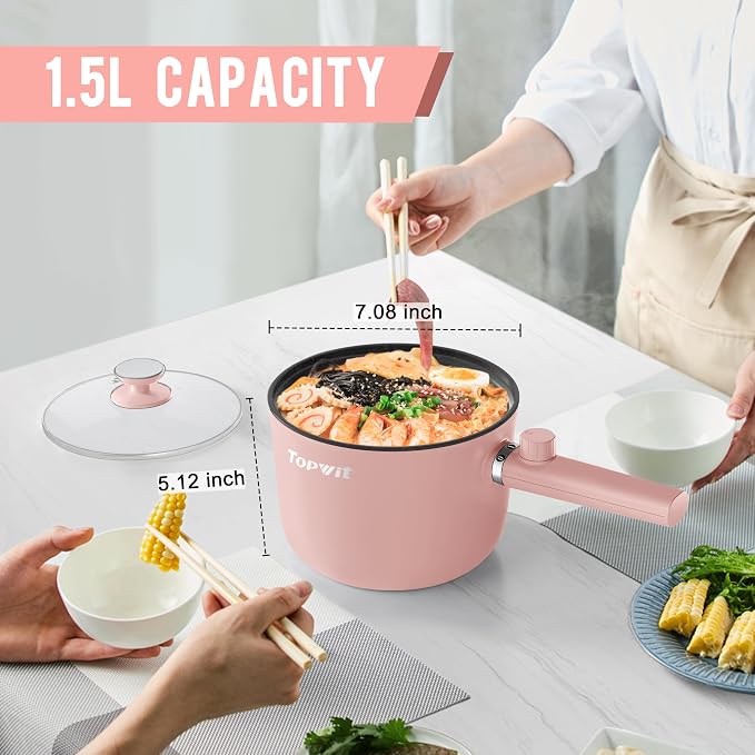 Topwit 1.5L Hot Pot Electric, Portable Ramen Cooker, Non-Stick Frying Pan | BPA-free, Glass Lid, Overheat & Boil-dry Protection, Electric Pot for Pasta, Steak, College Dorm Office Travel Essentials