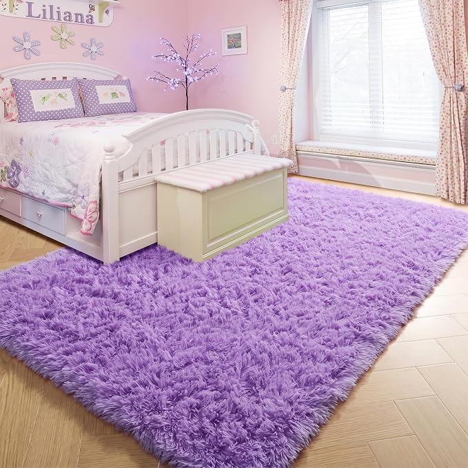 Amdrebio Purple Area Rugs for Bedroom Girls Room Decor Aesthetic, 5x7 Cute Fluffy Shag Lavender Rug for Living Room Dorm Classroom Nursery, Furry Plush Fuzzy Soft Lilac Carpet for Kids Baby Teens