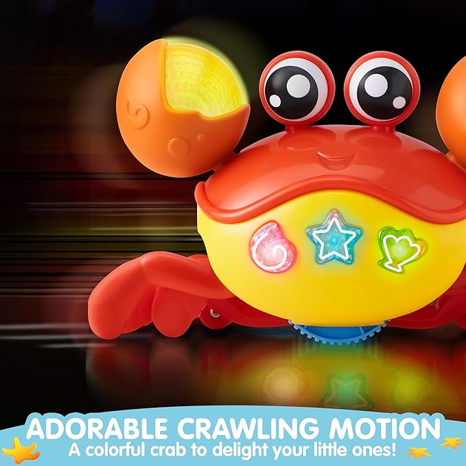 Play-Act Crawling Crab Baby Toy, Interactive Musical Crab with Intelligent Sensor & Auto-Avoiding Obstacles, Tummy Time Toy with Lights and Buttons, Gift for Toddlers Learning to Crawl