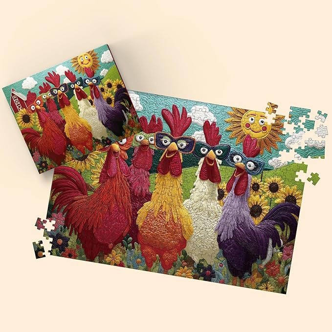Puzzles for Adults 500 Pieces, Colorful Rooster Puzzle Jigsaw Puzzles 500 Pieces - Merry Chickens, Chicken Decor Impossible Puzzle, Finished Size 20.47 * 14.96”, with 1:1 Poster, Letter on The Back