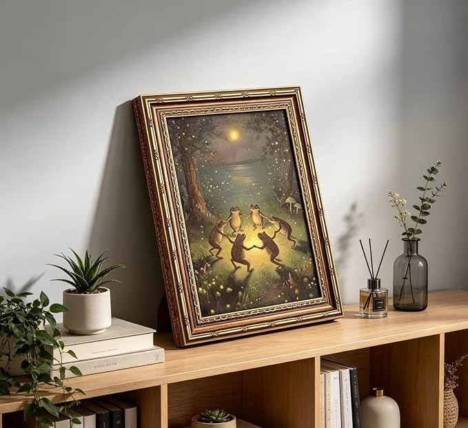 Vintage Gold Framed Frog Wall Art,Frogs Dancing in Moonlight Forest Painting Canvas Prints,Whimsical Animal Wall Decor,Retro Country Toad Poster Artwork for Corridor Living room Bedroom Kitchen