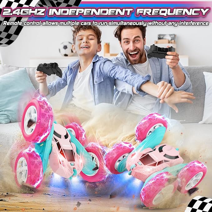 cosone RC Cars, Pink Remote Control Car for Girls, 2.4 GHZ Double Sided RC Stunt Car 360 Rotating Remote Control Cars with Headlights Toys for 6 7 8 9 10 11 12 Girls Birthday Gift