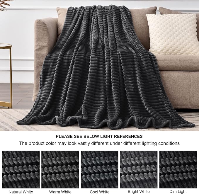 BEDELITE 3D Ribbed Jacquard Black Full Size Blankes for Bed, 84x90 Inch | Soft Warm Decorative Fluffy Blanket, Cozy Fuzzy Lightweight Plush Fleece Throw Blankets for Bed, Room Decor, Gift for Women
