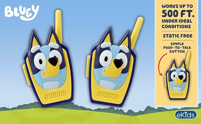 ekids Bluey Toy Walkie Talkies for Kids, Static Free Extended Range Indoor and Outdoor Toys, Bluey Toys for Toddlers