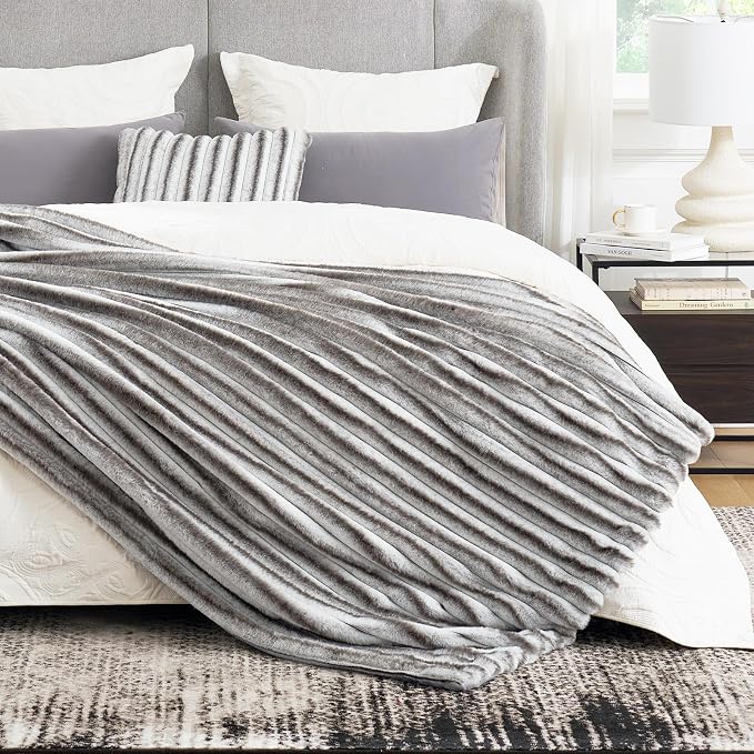 Cozy Bliss Faux Fur Throw Blanket for Couch, Cozy Warm Plush Striped Blanket for Sofa Bedroom Living Room,60 * 80 Inches Grey