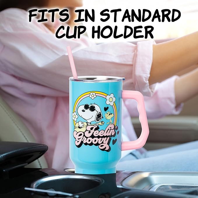 Silver Buffalo Peanuts Featuring Snoopy and Woodstock Feelin' Groovy Double Walled Stainless Steel Tumbler with Handle and Straw, Fits in Standard Cup Holder, 40 Ounces