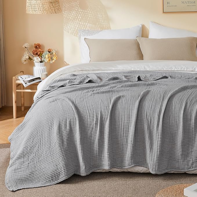 EMME Cotton Muslin Twin Blanket Breathable Gauze Soft Lightweight Blankets Adults Gifts for Women (Heather Grey, 60"x80")