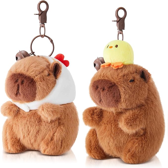 2 Pcs Capybara Plush Keychain Capybara Stuffed Animals Plush Pendant for Christmas Gifts Exchange Birthday Party(White Hat, Duck)