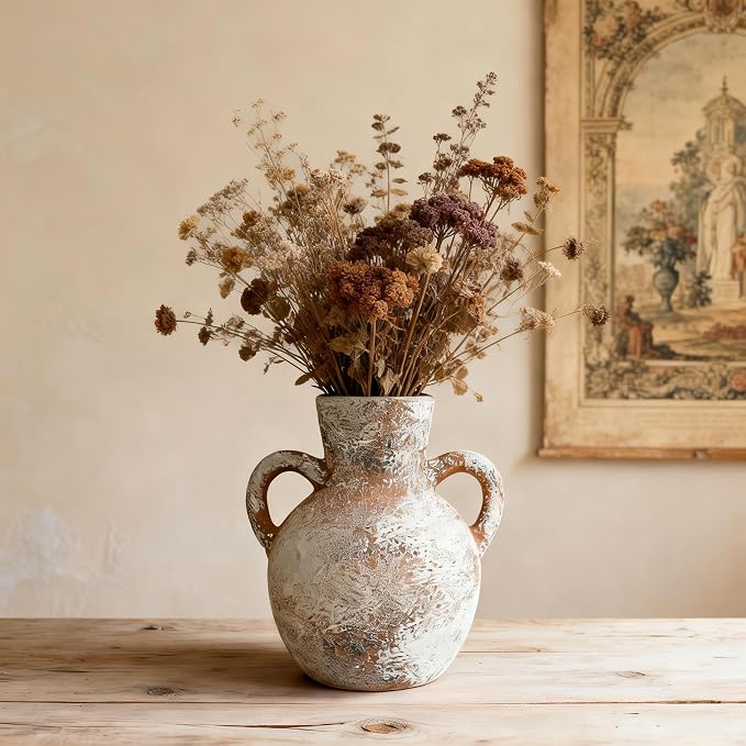 Vintage Ceramic Vase with Handle - 7.3inch Antique Terracotta Farmhouse Vase for Home Decor, Wedding Centerpiece & Office Desk for Homeowners, Interior Designers & Plant Lovers