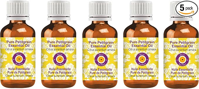 Deve Herbes Pure Petitgrain Essential Oil (Citrus aurantium Amara) Steam Distilled (Pack of Five) 100ml X 5 (16.9 oz)