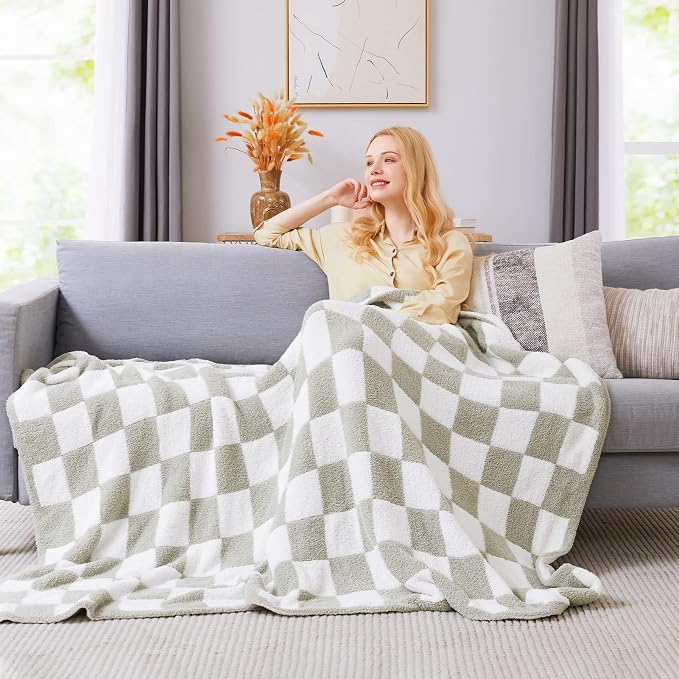 Soft Checkered Throw Blanket for Couch-Cozy Warm Knitted Blankets | Lightweight Warm Fluffy Decor for Women, Mom, Her & Girls, Sofa, Chair, Bed, 50x60in, Sage Green