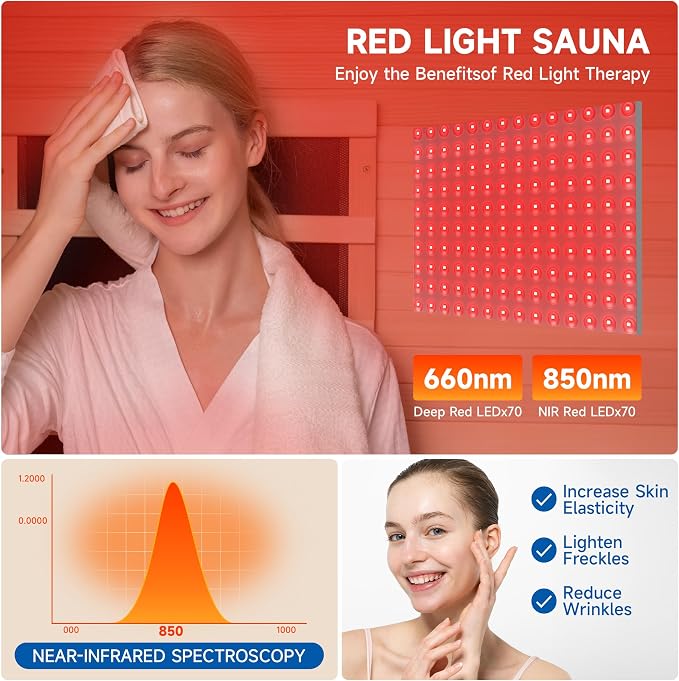 Full Spectrum Infrared Sauna, 1 Person Home Infrared Sauna with Red Light Therapy, Indoor Canadian Hemlock Wood Dry Saunas Room,1178w/120v, Foot Warmer, 7 Heating Panels, Bluetooth Speakers