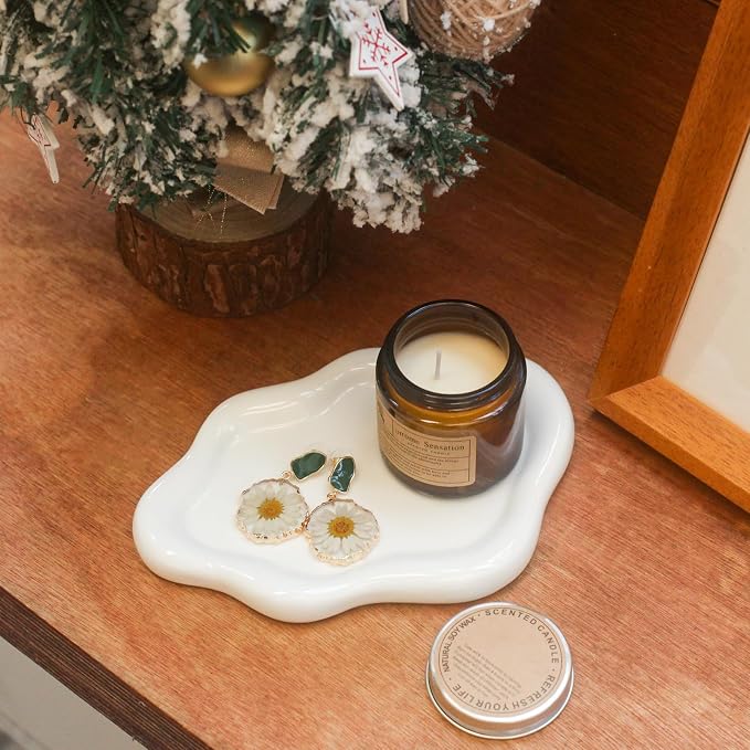 CCINPPY Ceramic Cloud Jewelry Tray Trinket Dish Key Bowl Nightstand Decor | Decorative Small Desk Tray Jewelry Plate Key Holder Bowl Cute Bedroom Room Decor Aesthetic, Gift for Women, White, Medium