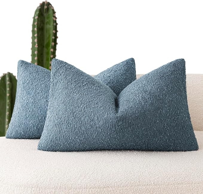 Foindtower Pack of 2 Textured Boucle Throw Pillow Covers Accent Solid Decorative Lumbar Pillow Cases Cozy Couch Cushion Case for Chair Sofa Bedroom Living Room Home Decor 12x20 Inch Misty Blue