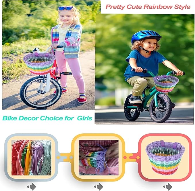 Kid's Bicycle Basket,Colored Tassels Wicker Front Handlebar Bike Basket Handlebar with Streamers Bell and Stickers,Bicycle Decoration for Girls and Boys