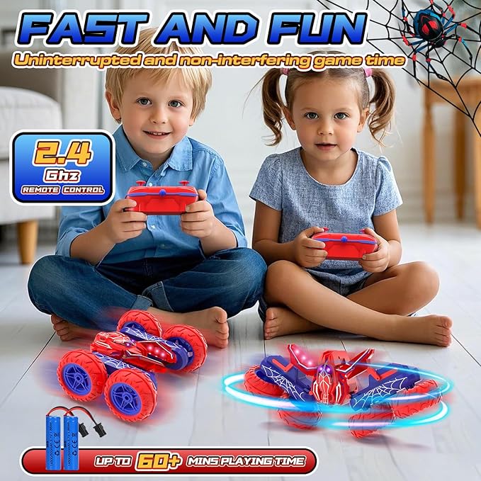 Spider Remote Control Cars for Boys 4-7, 360° Spinning RC Stunt Car with 2 Batteries Cool Lights Toys Birthday Gift for Boys 4 5 6 7 8 9 10 11 12 Year Old