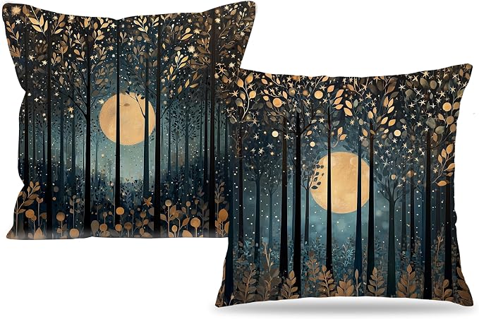 Vintage William Morris Inspired Gold Moon Pillow Covers 18x18 Set of 2,Rustic Black and Gold Moon Forest Botanical Nature Landscape Decorative Throw Pillow Covers for Home Bedroom Living Room